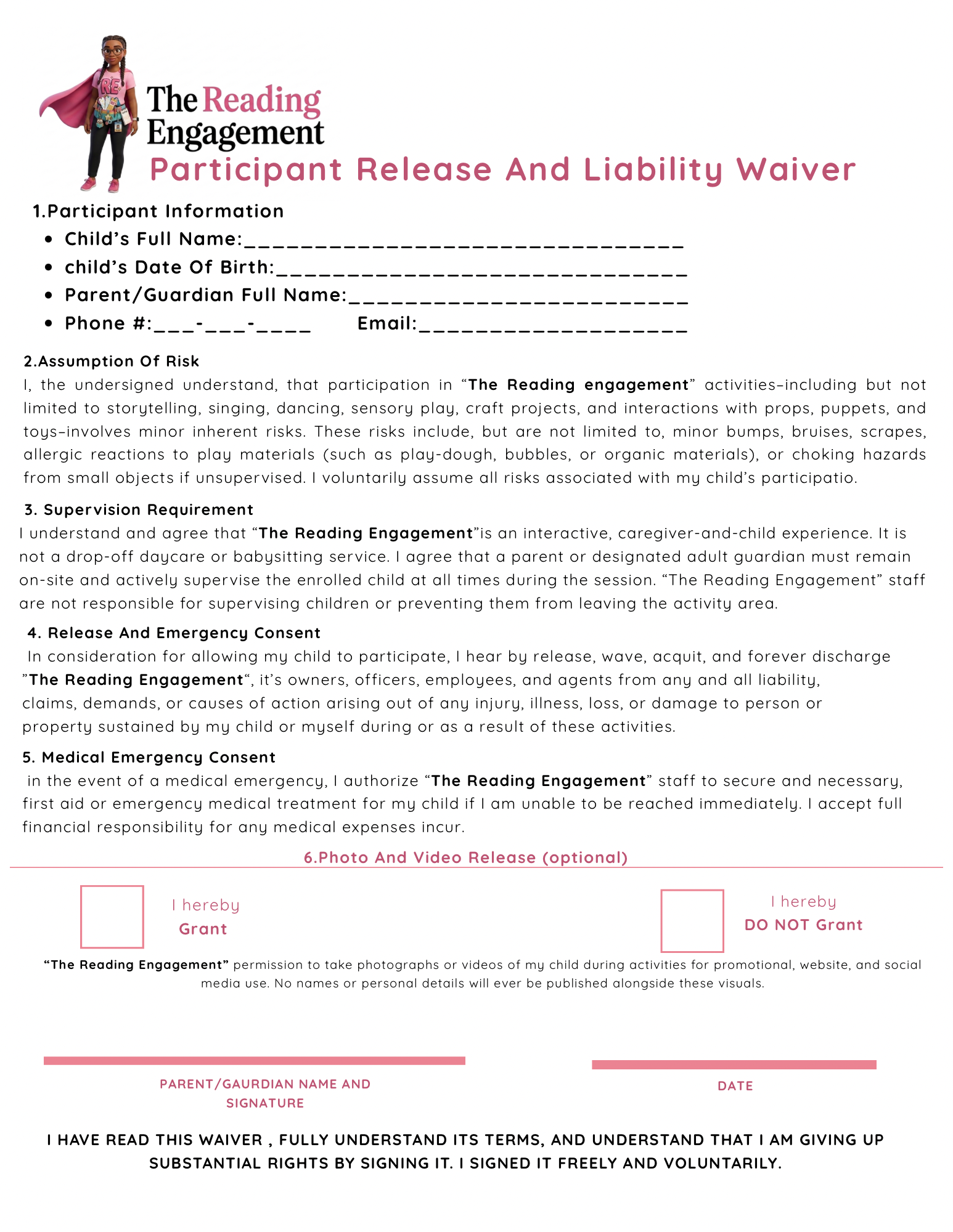 The Reading Engagement Participant Release and Liability Waiver