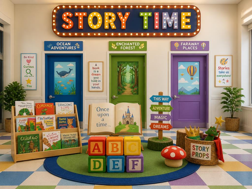 A bright daycare center hallway with three themed classroom doors, a Story Time marquee sign, books and alphabet blocks.