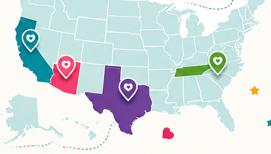 Illustrated map of the United States with pins on Arizona, California, Texas and Tennessee